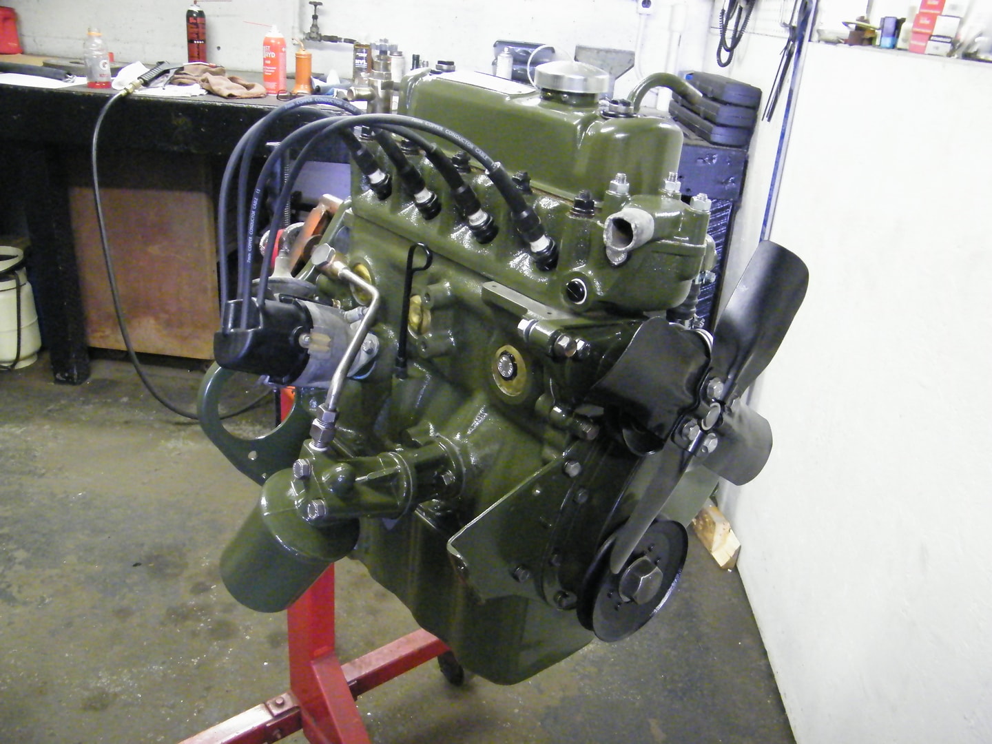Restored green diesel engine workshop