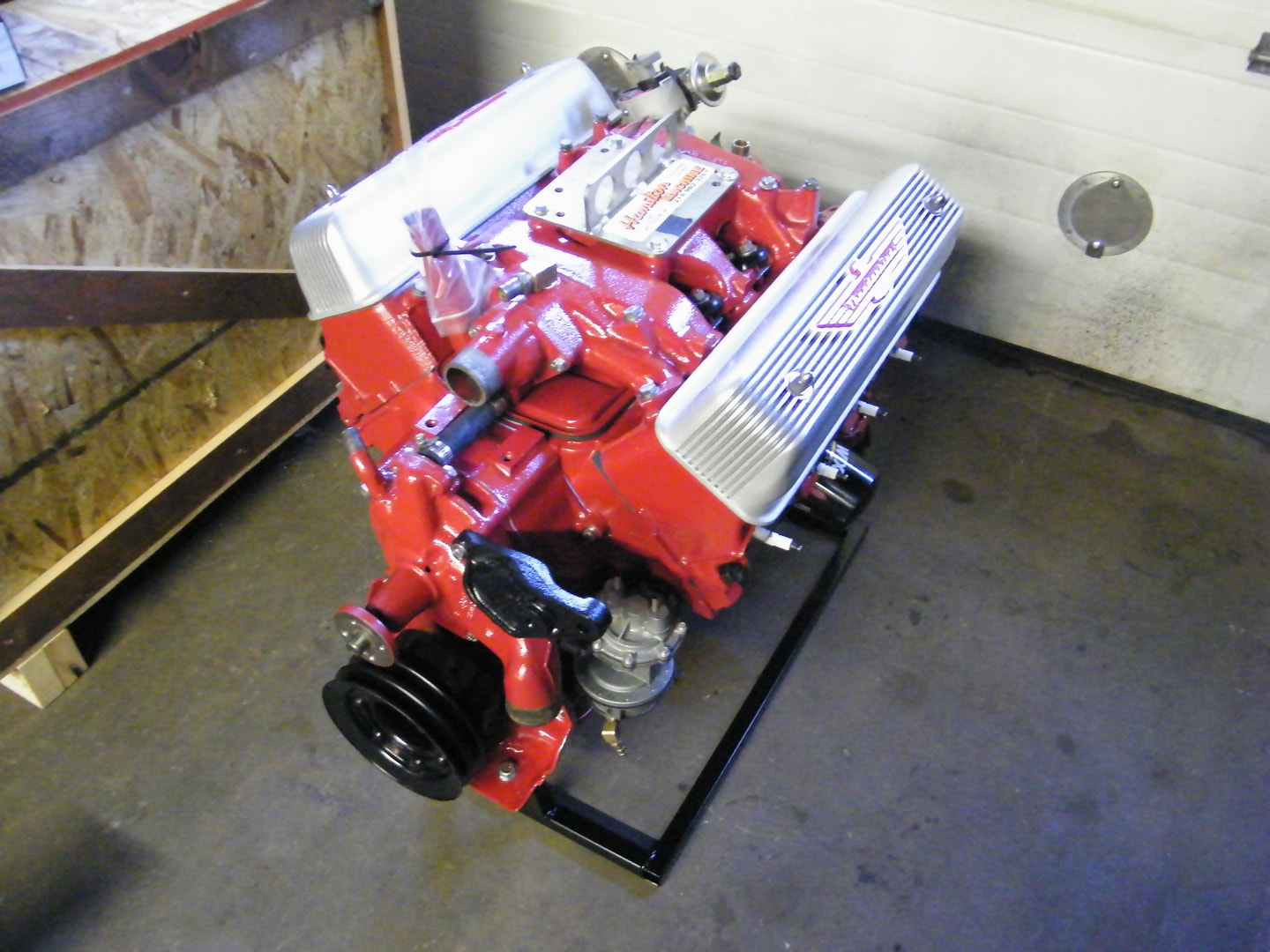 Red engine block display stand