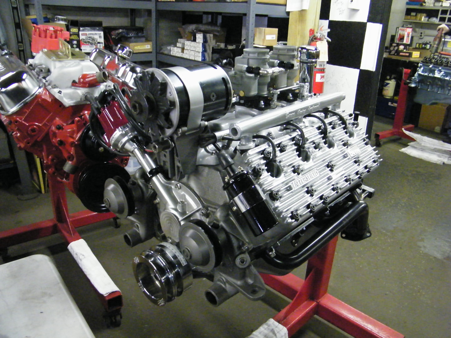 Custom engine on red engine stand workshop
