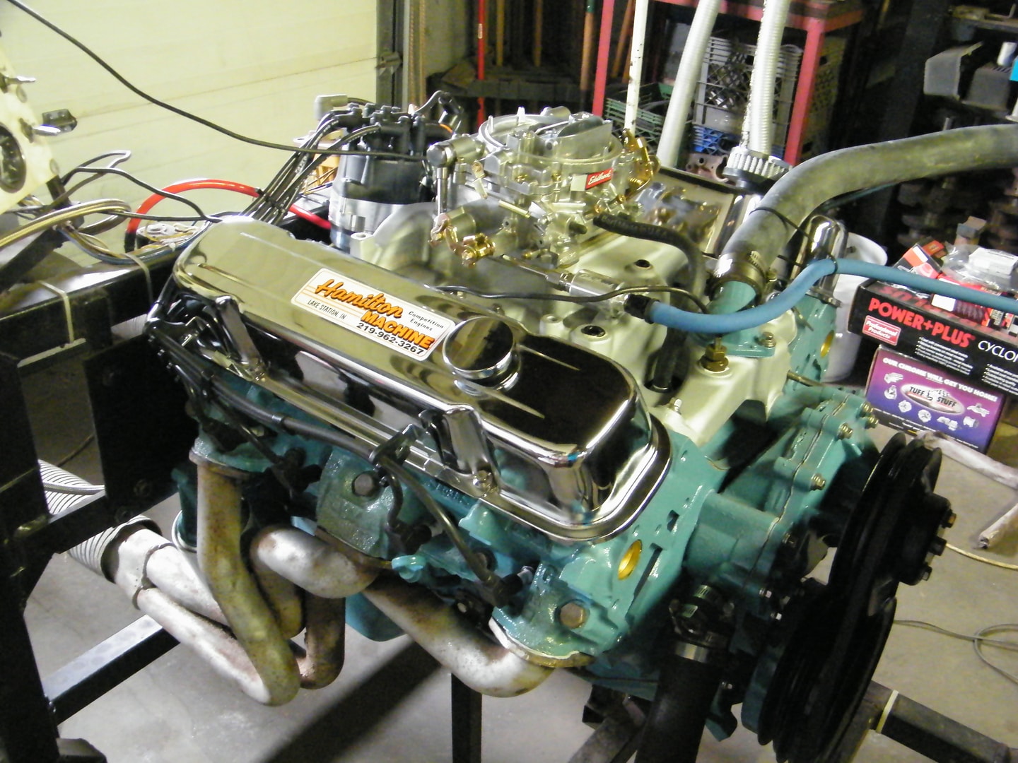 Restored vintage engine on workbench